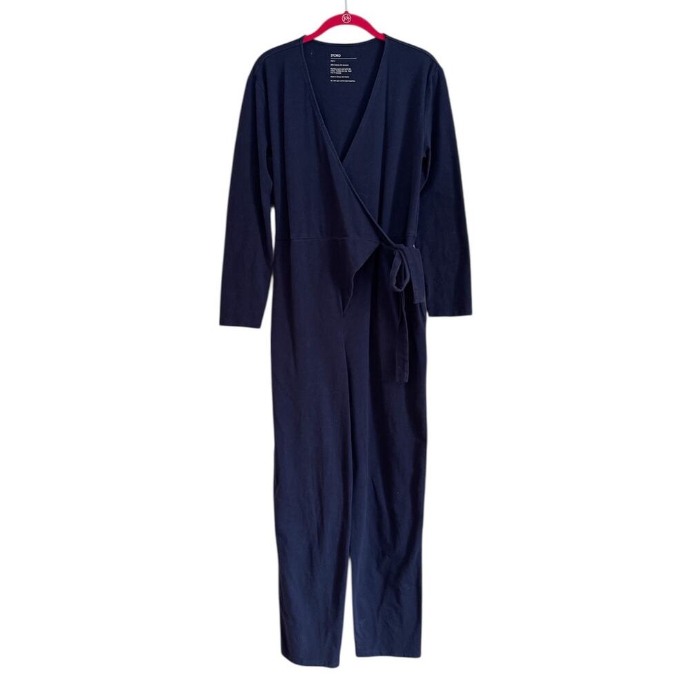 Storq Maternity Wrap Jumpsuit Long Sleeve Flex Fit Small Navy Blue Minimalist